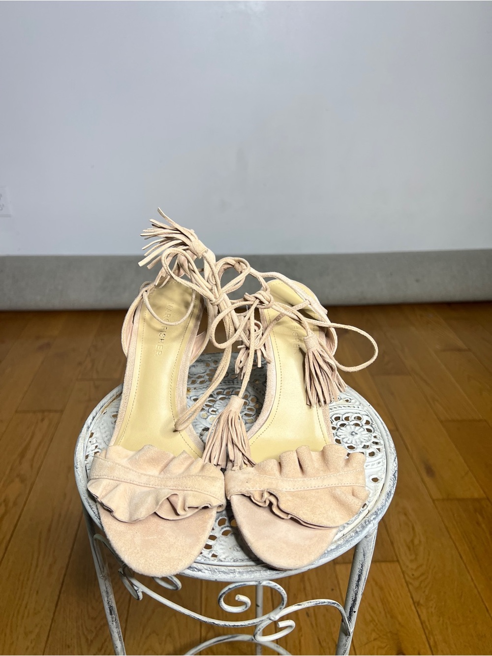 Marc Fisher Blush Pink Suede Ruffle Lace-Up Heels